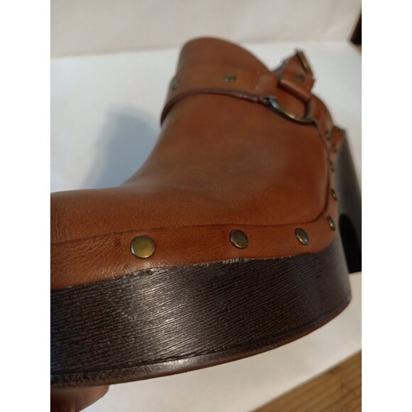 Frye and Co Fabry Womens US 10 Brown Vegan Leather Harness Mules Clogs 4" Heel - Picture 11 of 11